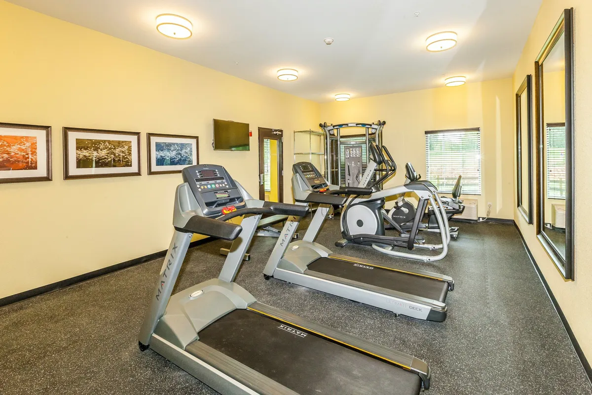A well-equipped fitness center featuring treadmills, elliptical machines, free weights, and mirrors. Framed photographs add a modern touch, while the bright lighting and spacious layout create an energetic and motivating workout environment.