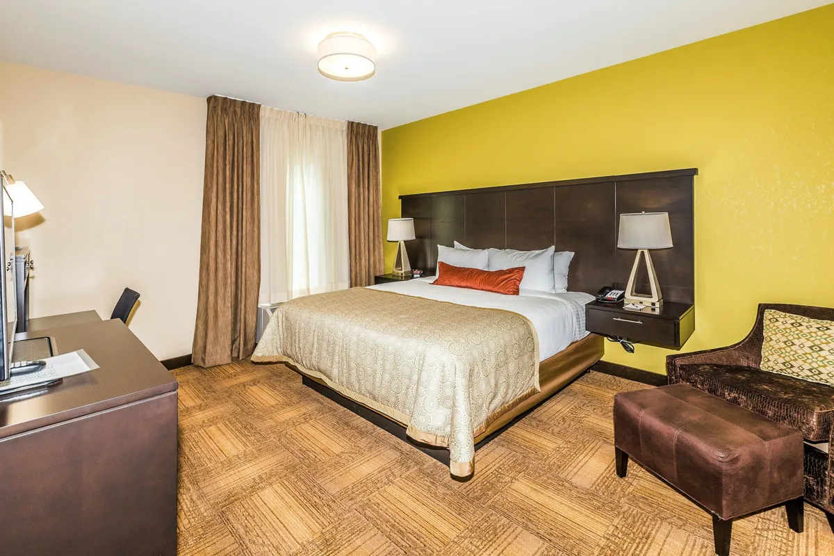 A bright, comfortable studio interior with a king-sized bed, a stylish accent chair, a writing desk with a lamp, and curtains drawn to let in natural sunlight. The space feels welcoming, with an emphasis on relaxation, reading, or productivity. The arrangement allows for a seamless blend between sleeping, living, and working spaces.